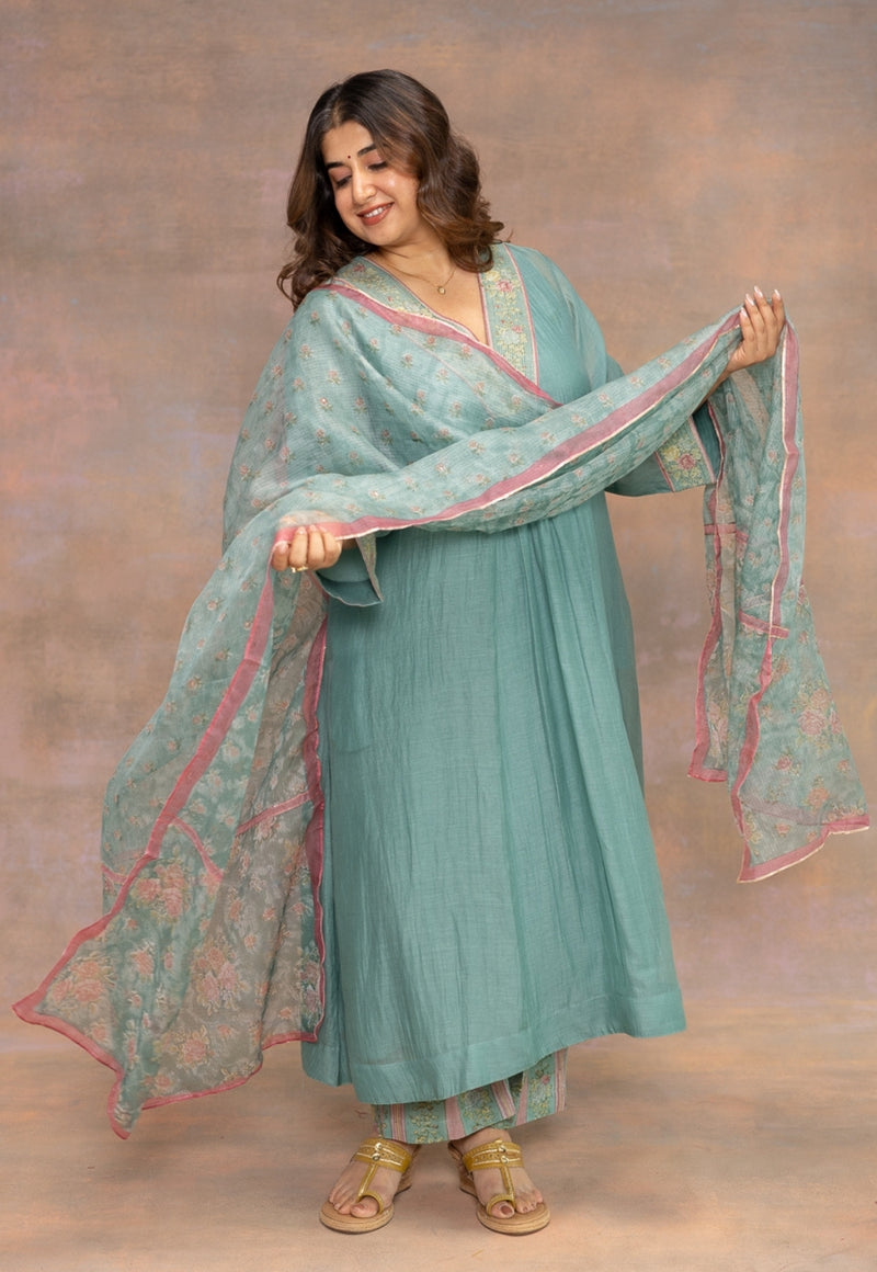 Rosalia Teal Sanganeri Kota Doria Silk Dupatta with Mukaish Detailing