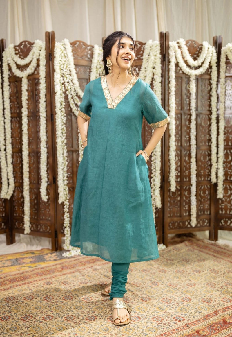 Srisha Peacock Green A Line Chanderi Silk Gota Patti Kurta Set (Set of 3)