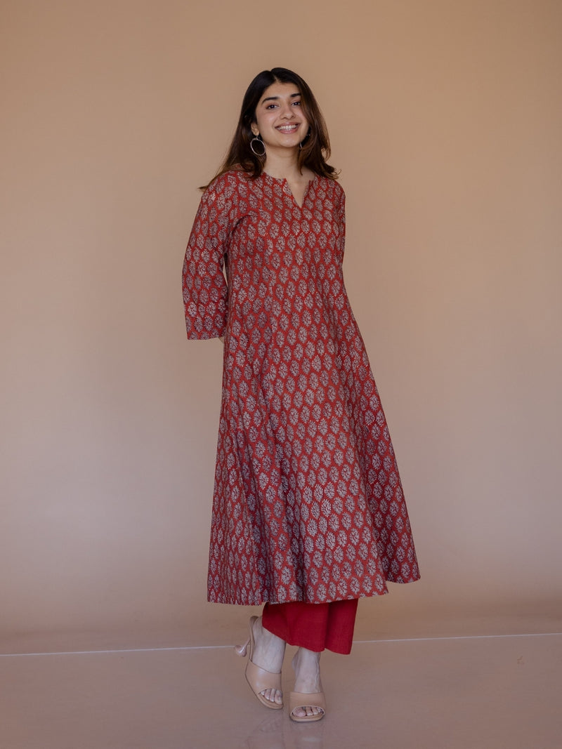 Malika Red Bagru Cotton Kali Kurta
