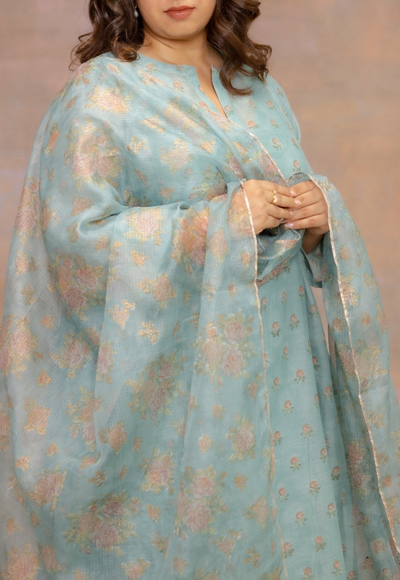 Rosalia Blue Sanganeri Kota Doria Silk Dupatta with Lace Detailing