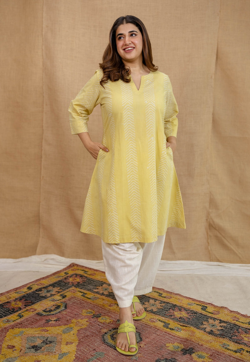 Dharmi Yellow A Line Batik Cotton Kurta