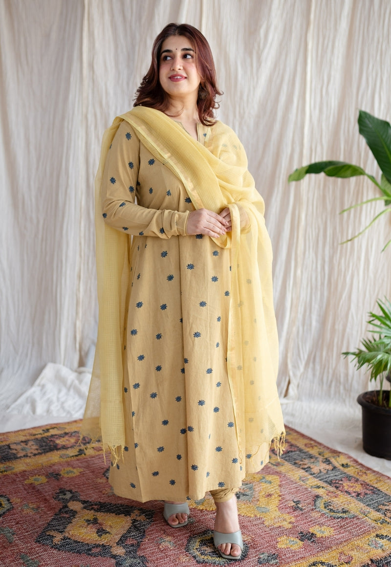 Kamal Yellow Ajrakh Cotton Kali Kurta with Hand Embroidery