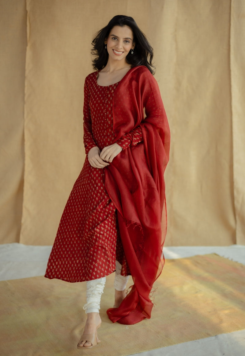 Akrita Red Ajrakh Moss Cotton Kali Kurta