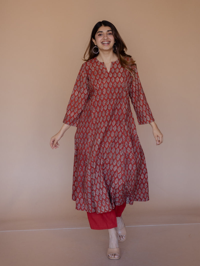 Malika Red Bagru Cotton Kali Kurta