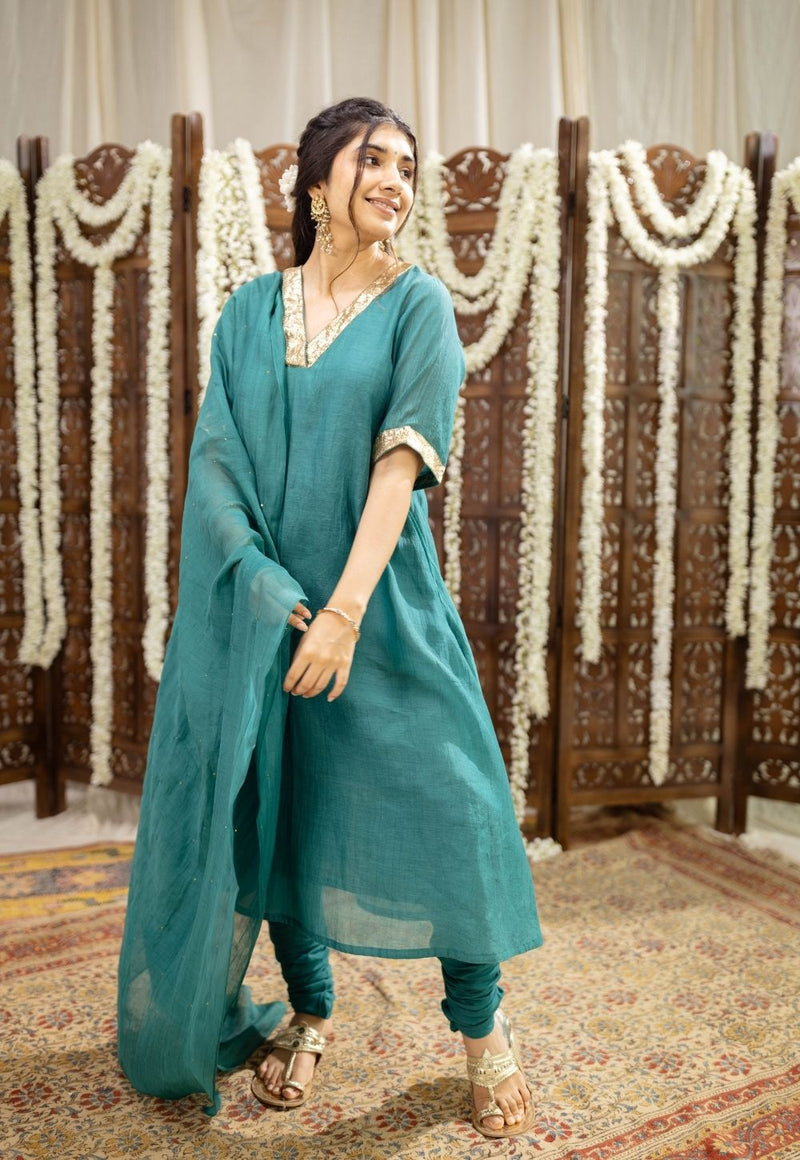 Srisha Peacock Green A Line Chanderi Silk Gota Patti Kurta Set (Set of 3)