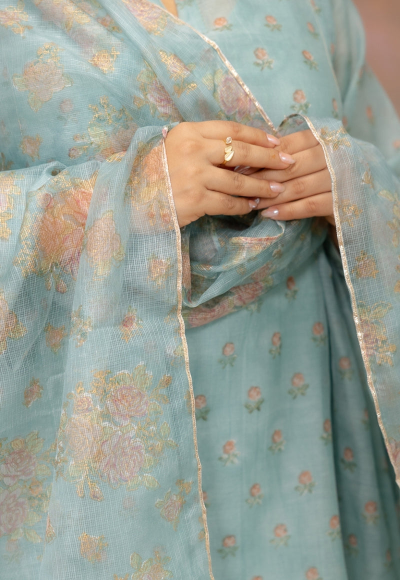 Rosalia Blue Sanganeri Kota Doria Silk Dupatta with Lace Detailing