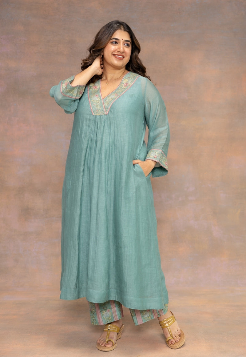 Gul Blue Solid Chanderi Silk A Line Kurta with Embroidery
