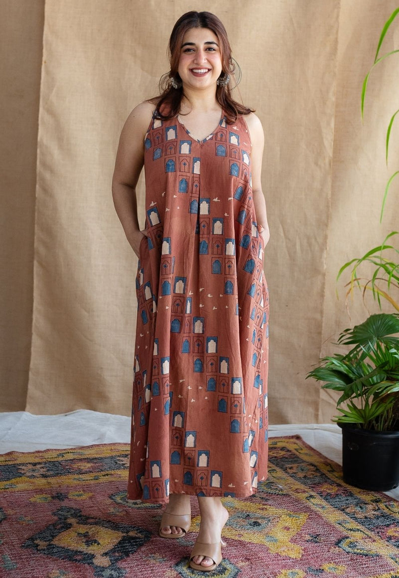 Jaipur Jharoka Brick Red Ajrakh Cotton A Line Dress