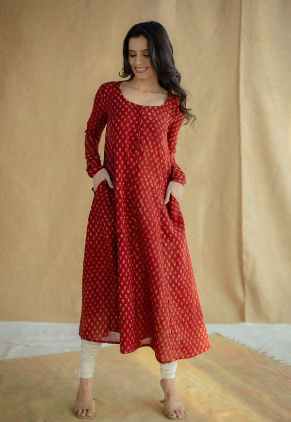 Akrita Red Ajrakh Moss Cotton Kali Kurta