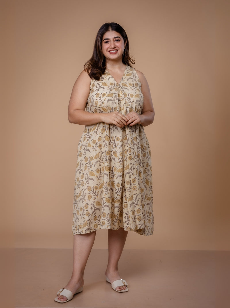 Eira Beige Ajrakh Cotton A Line Dress