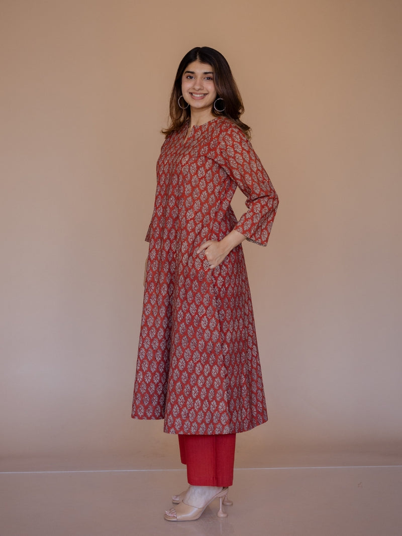 Malika Red Bagru Cotton Kali Kurta