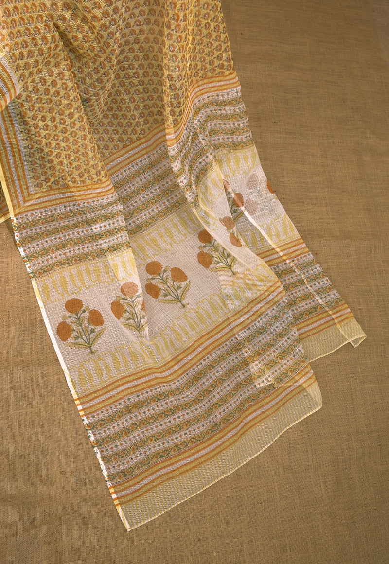 Yellow Butti Sanganeri Hand Block Print Kota Doria Saree