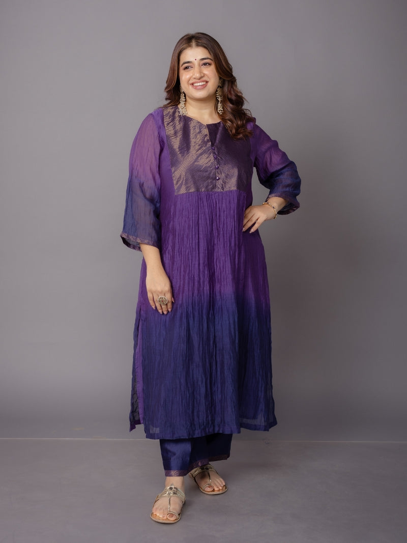 Indu Purple Ombre Chanderi Silk A Line Kurta with Hand Embroidery
