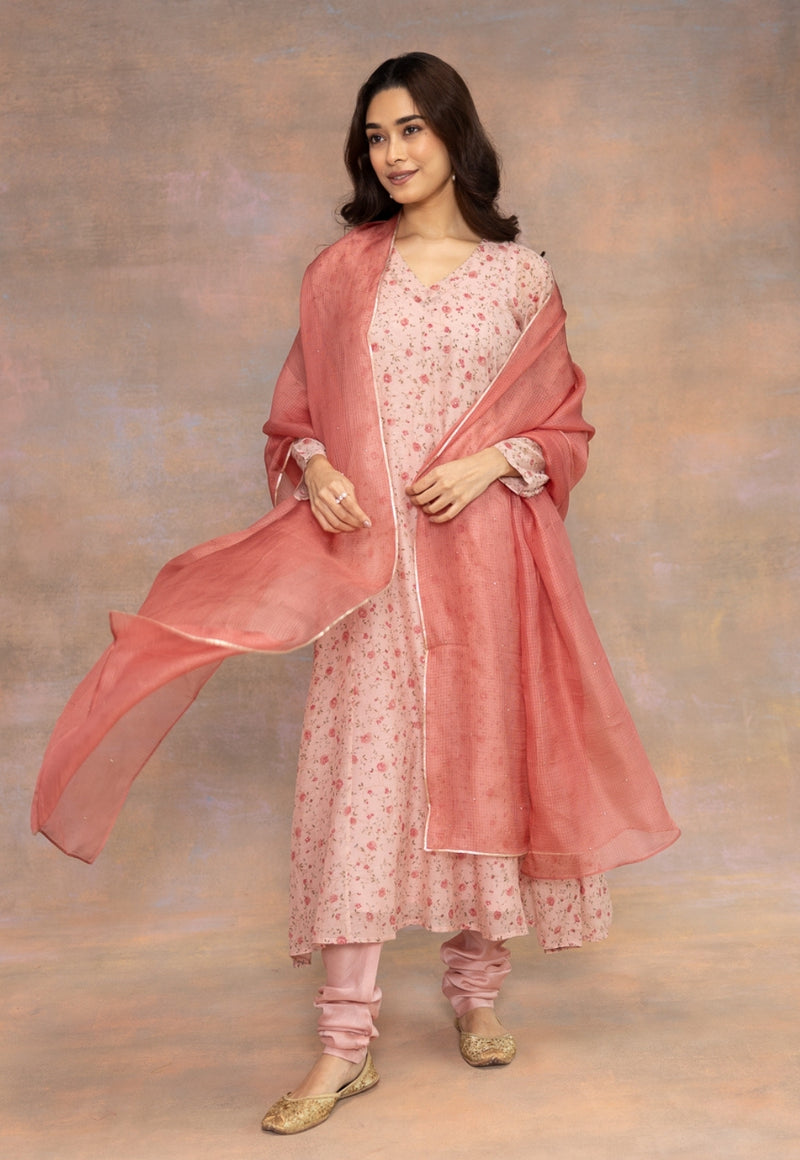 Melon Pink Solid Kota Doria Silk Dupatta with Mukaish Detailing