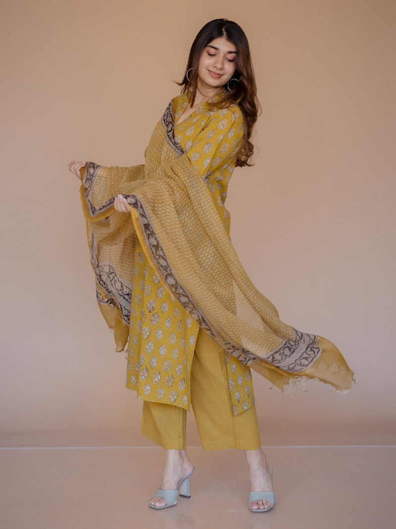 Avika Yellow Bagru Cotton Straight Kurta