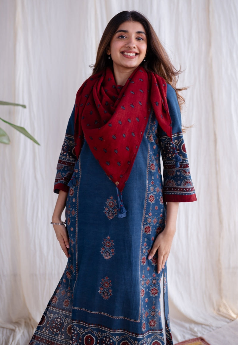 Red Ajrakh  Lotus Butti Mul Scarf