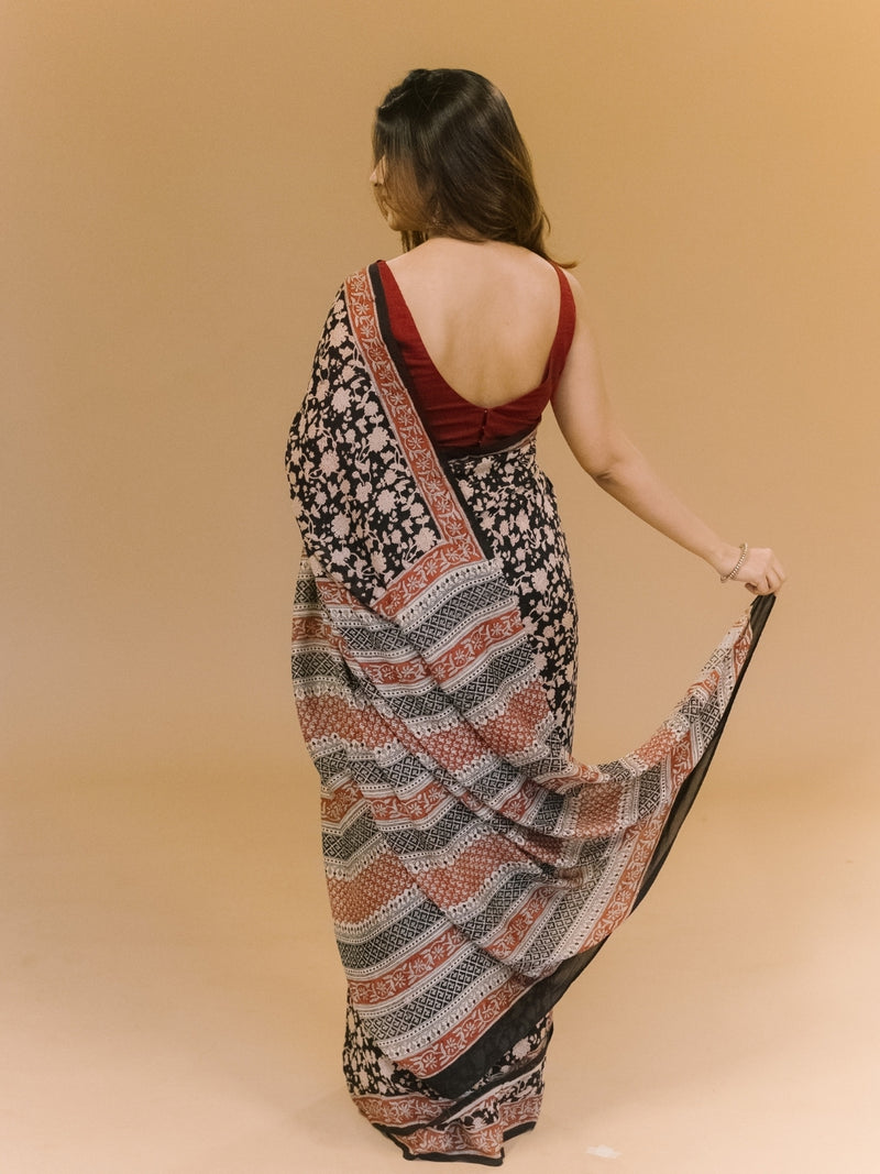 Black Jaal Bagru Hand Block Print Modal Saree