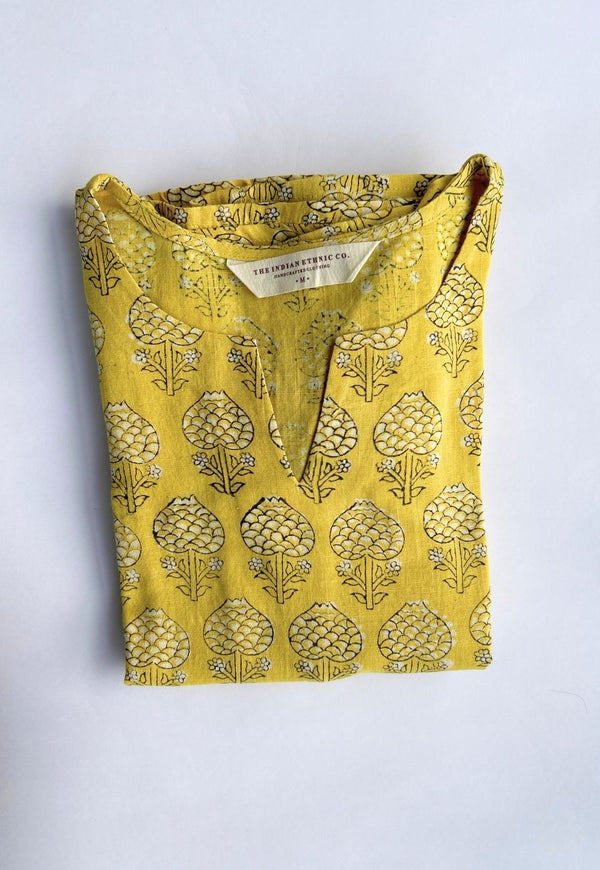 Malika Yellow Dabu Slub Cotton Kali Kurta