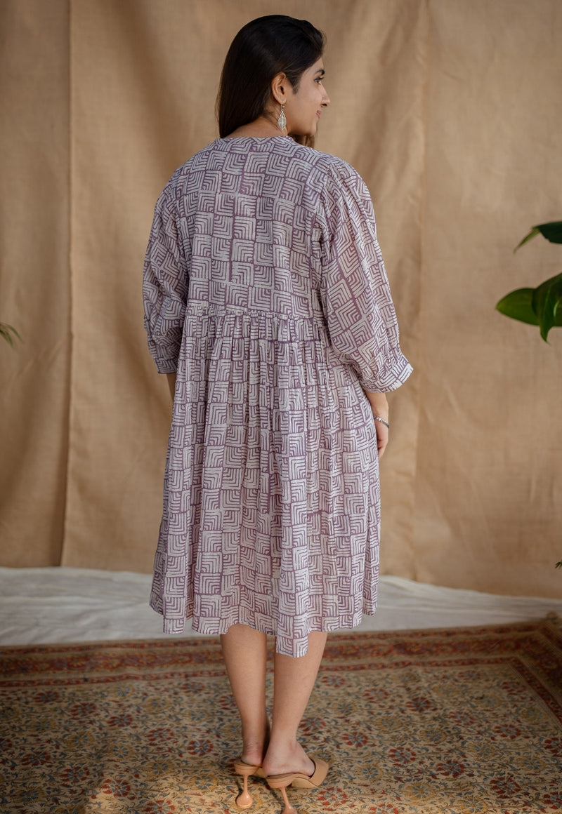 Elina Lavender Batik MulMul Cotton A Line Dress