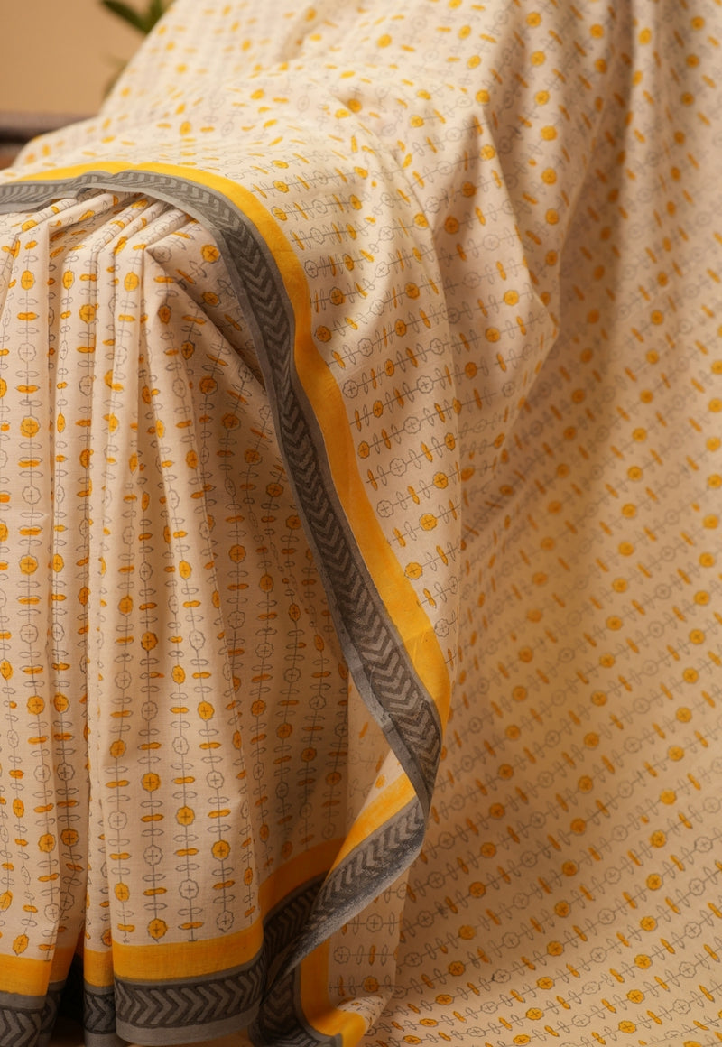 White Sanganeri Hand Block Print Cotton Saree