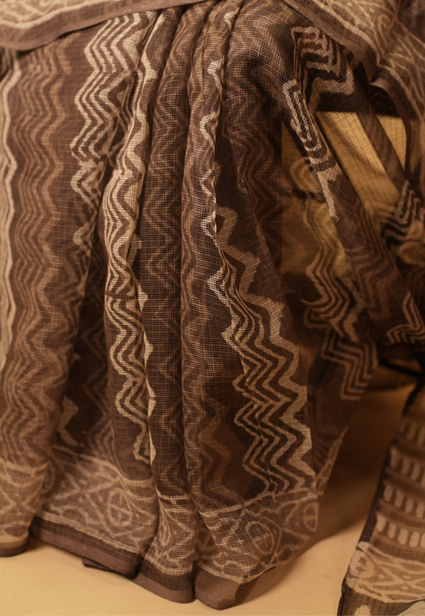 Brown Chevron Dabu Hand Block Print Kota Doria Saree