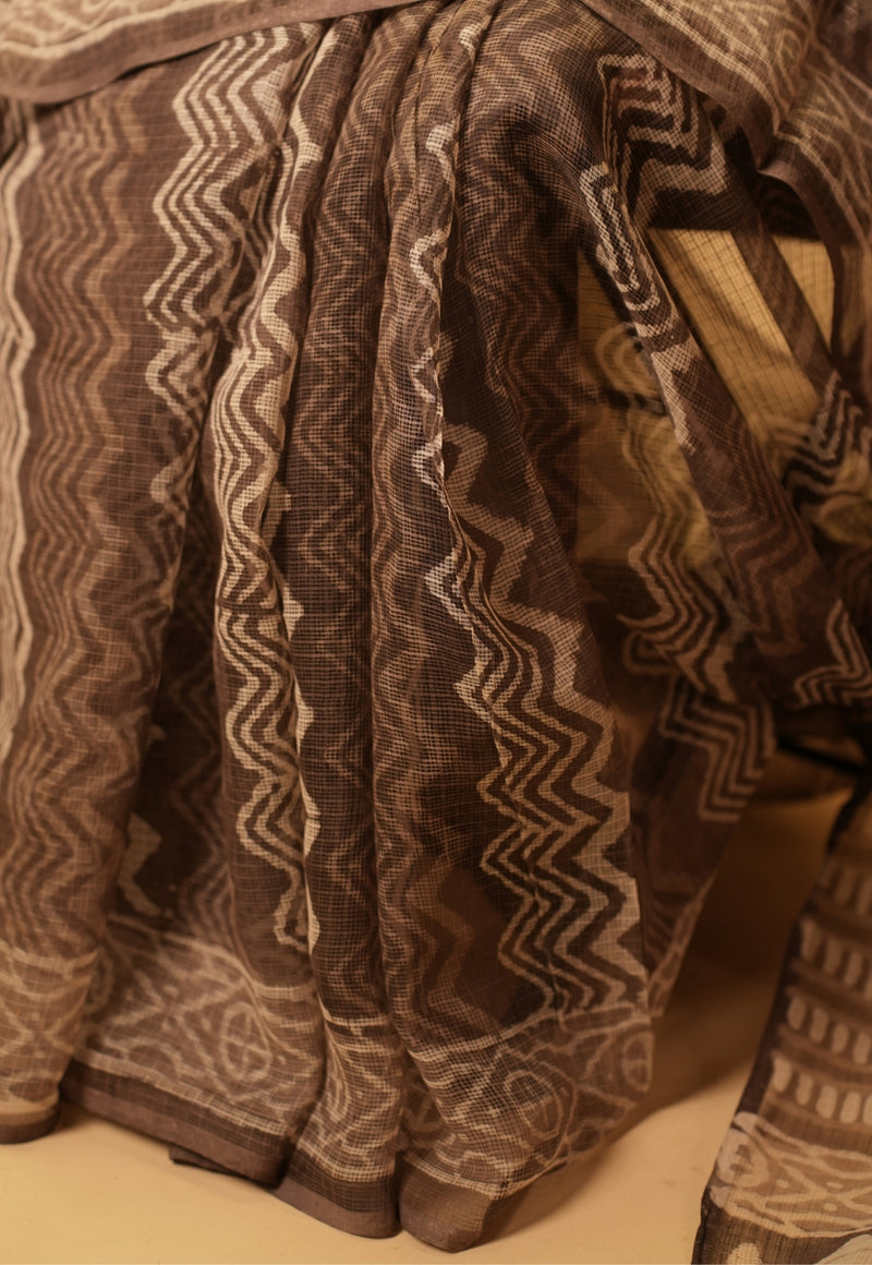Brown Chevron Dabu Hand Block Print Kota Doria Saree
