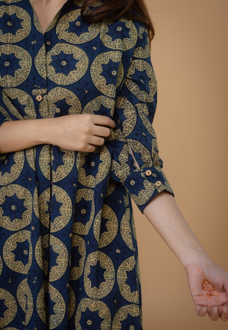 Ridah Blue Ajrakh Cotton A Line Dress