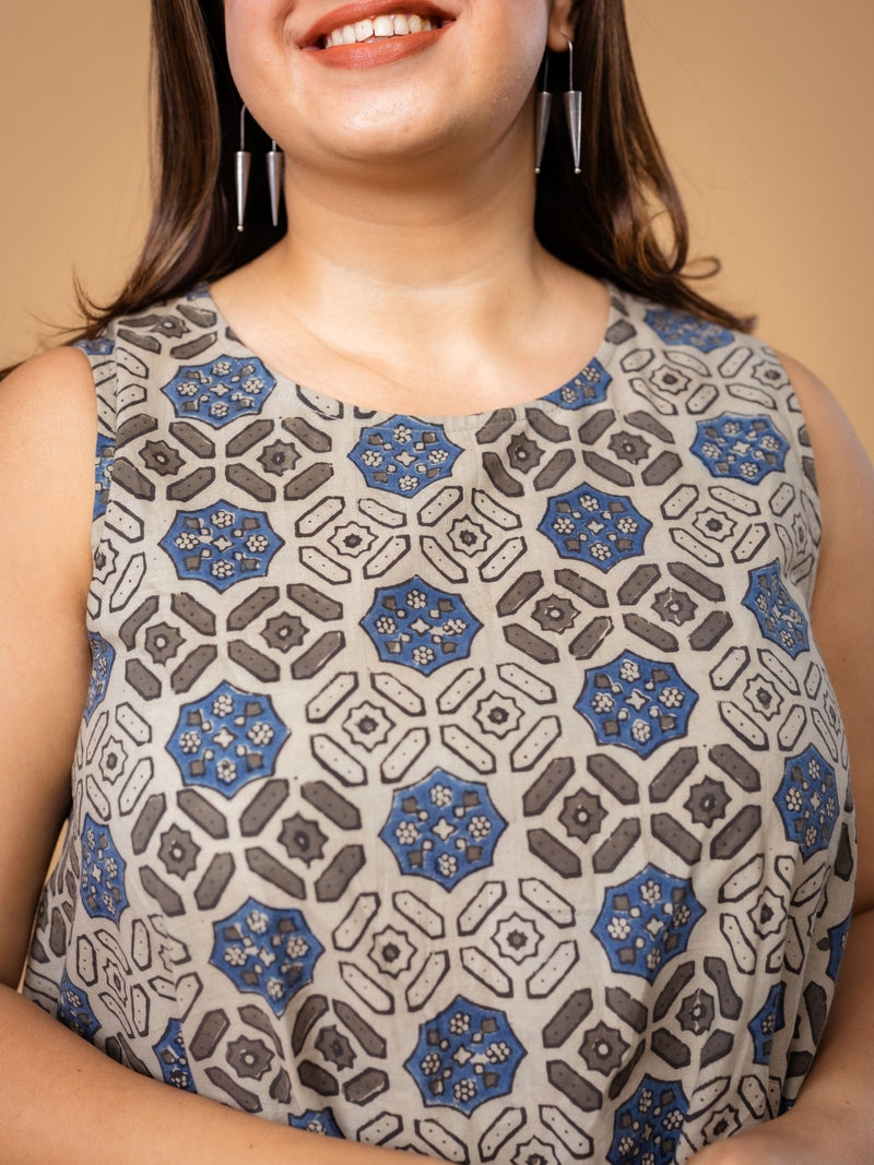 Inam Grey Ajrakh Cotton A Line Dress