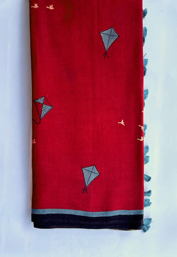 Red Ajrakh Handblock Printed MulMul Saree