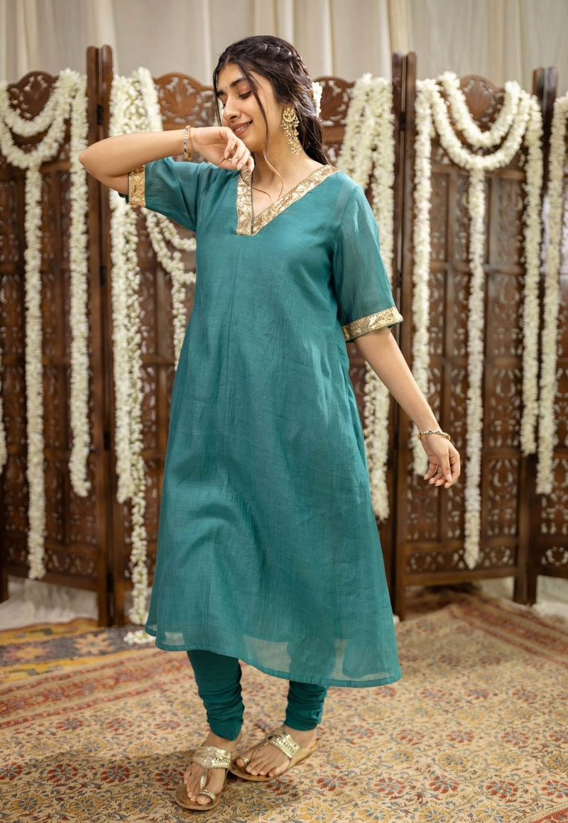 Srisha Peacock Green A Line Chanderi Silk Gota Patti Kurta Set (Set of 3)