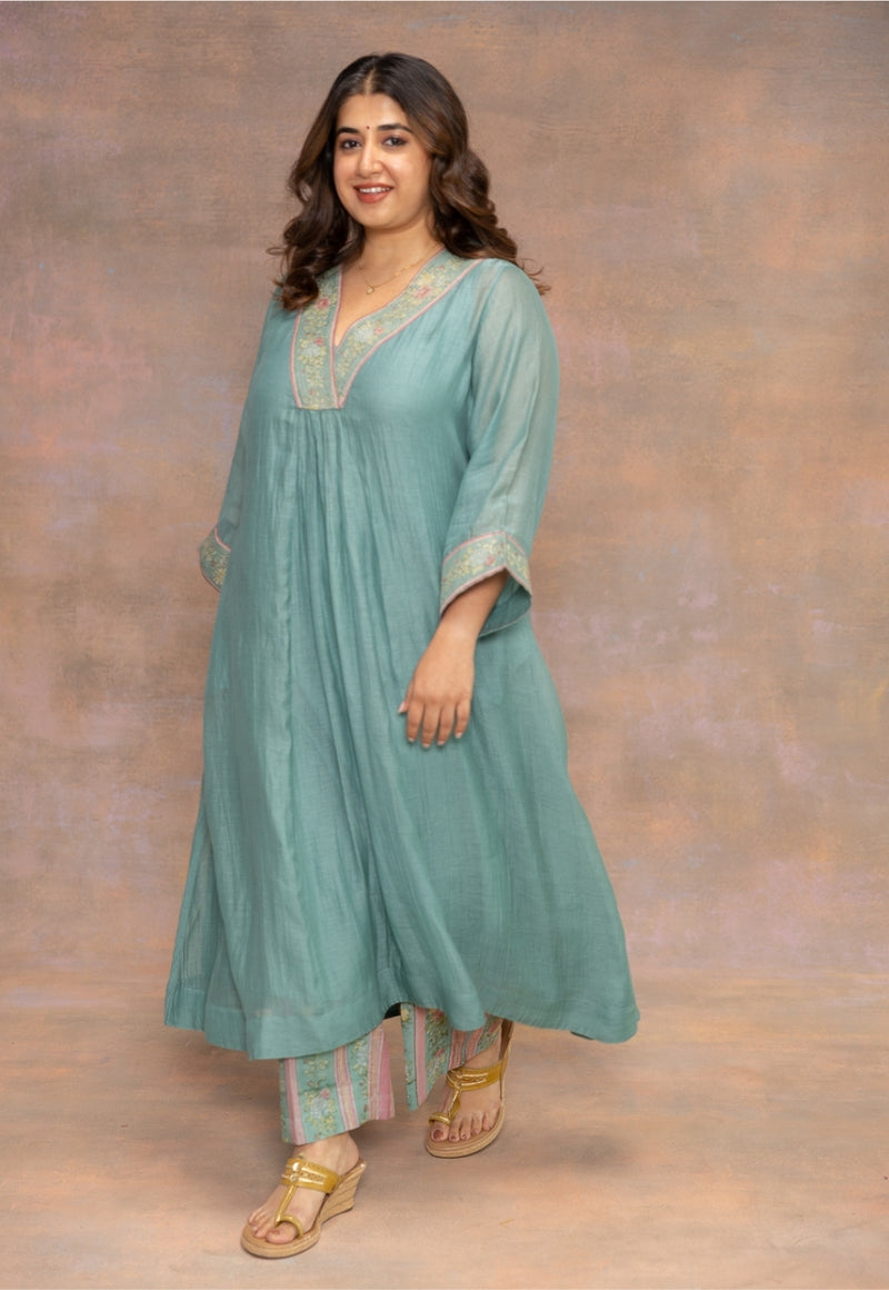Gul Blue Solid Chanderi Silk A Line Kurta with Embroidery