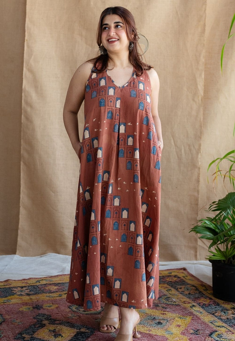 Jaipur Jharoka Brick Red Ajrakh Cotton A Line Dress