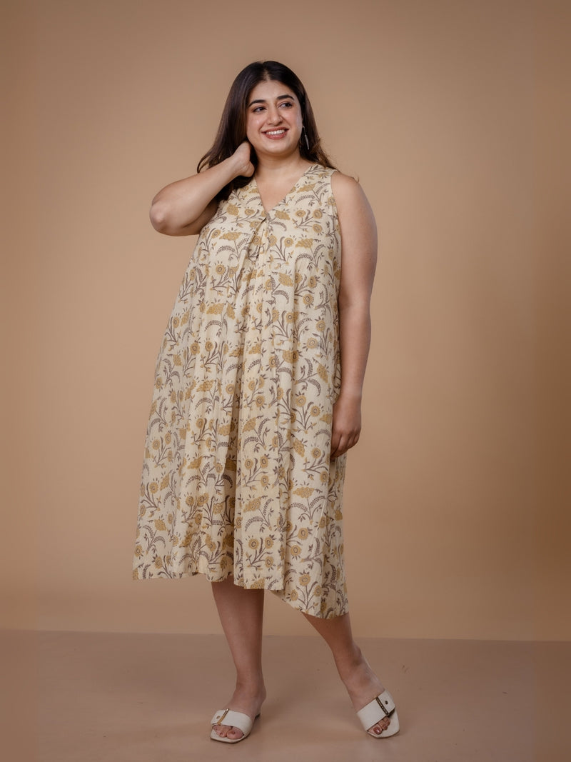 Eira Beige Ajrakh Cotton A Line Dress