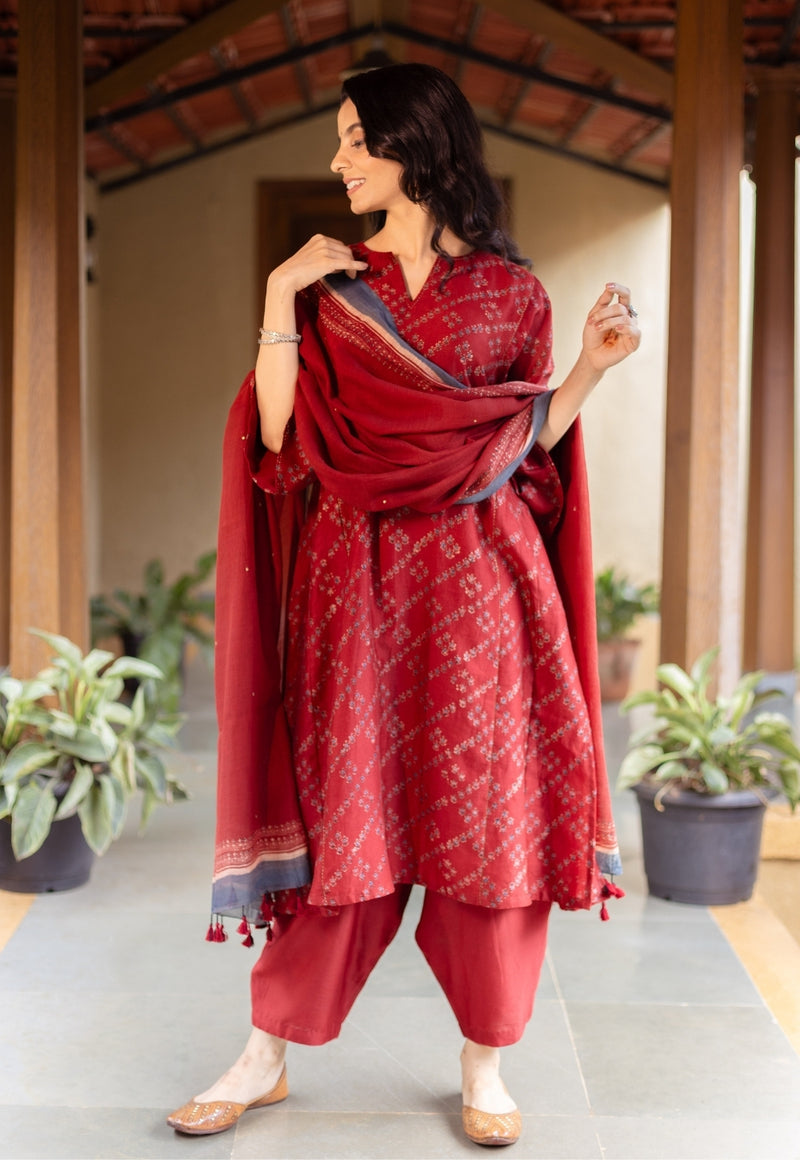 Ayra Madder Ajrakh Chanderi Silk Jhabba Kali Kurta with Hand Embroidery