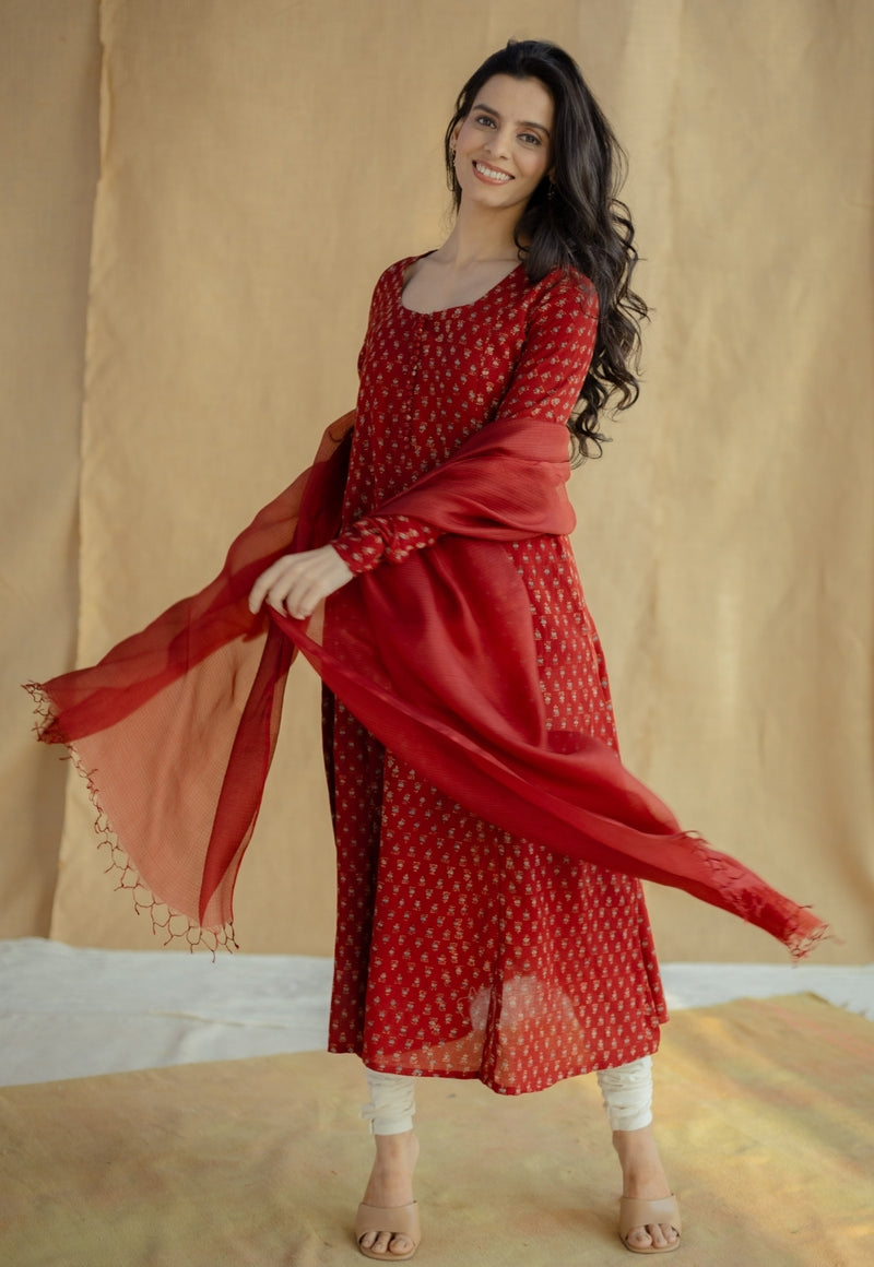 Akrita Red Ajrakh Moss Cotton Kali Kurta