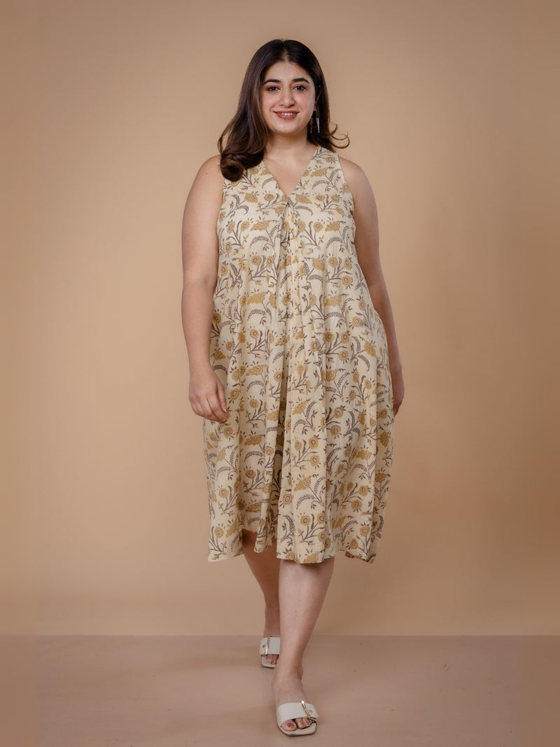 Eira Beige Ajrakh Cotton A Line Dress