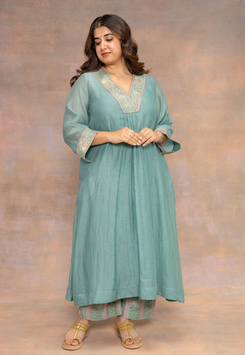 Gul Blue Solid Chanderi Silk A Line Kurta with Embroidery