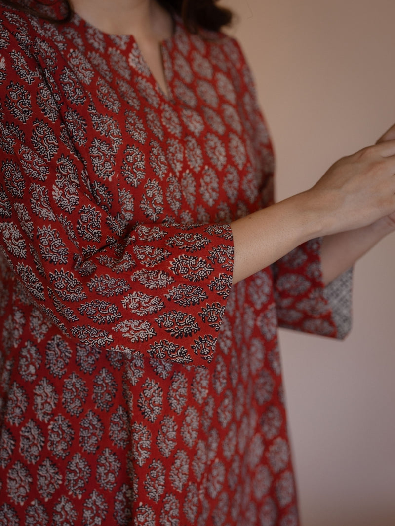 Malika Red Bagru Cotton Kali Kurta