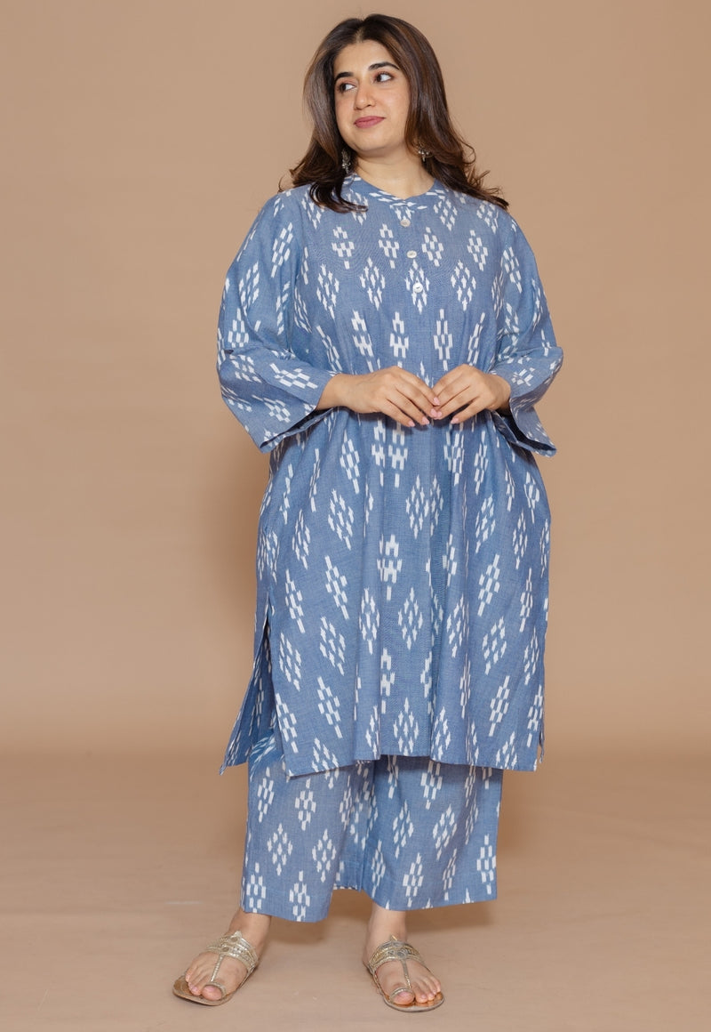 Ayaat Blue Handloom Ikkat Cotton Straight Kurta