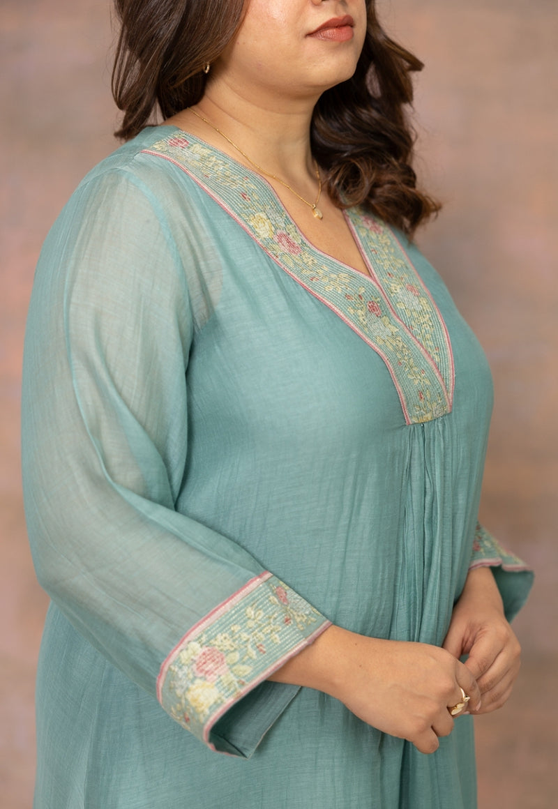Gul Blue Solid Chanderi Silk A Line Kurta with Embroidery