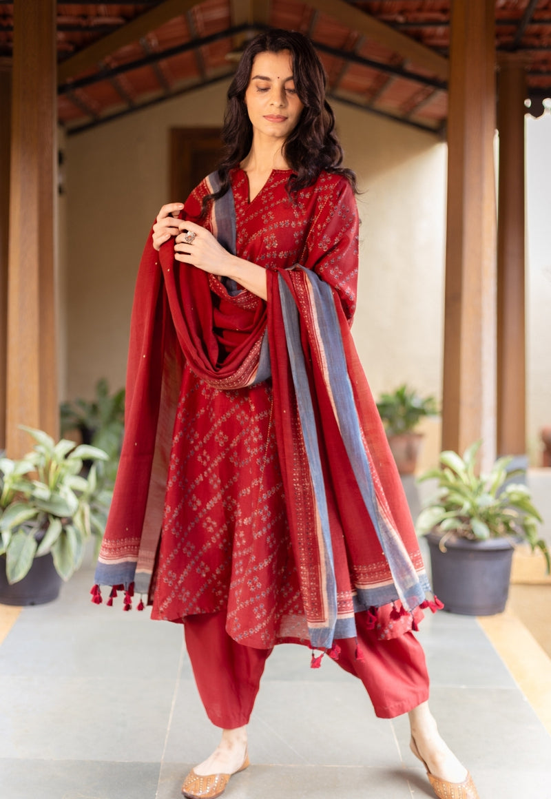 Ayra Madder Ajrakh Chanderi Silk Jhabba Kali Kurta with Hand Embroidery