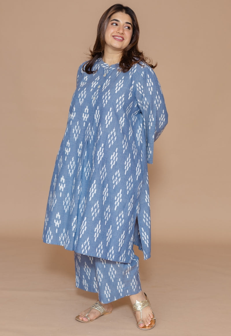 Ayaat Blue Handloom Ikkat Cotton Straight Kurta