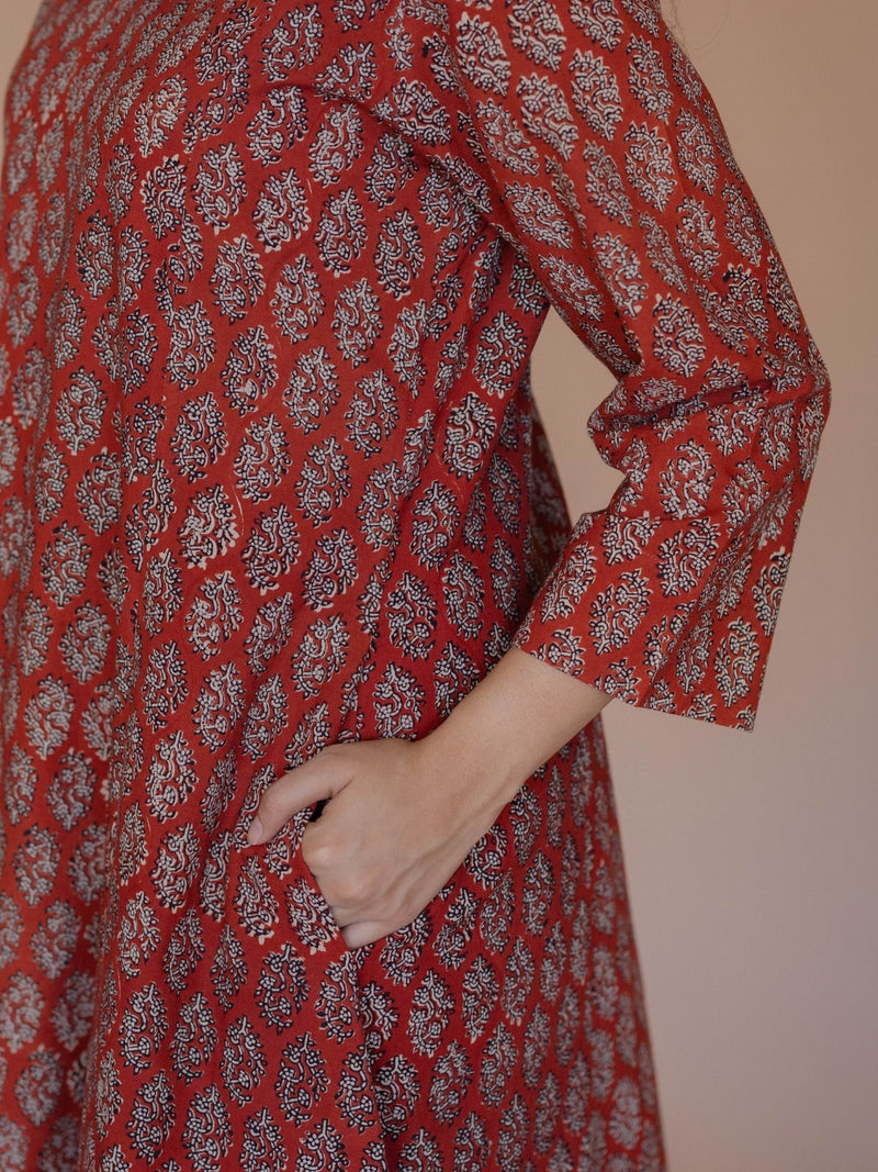 Malika Red Bagru Cotton Kali Kurta