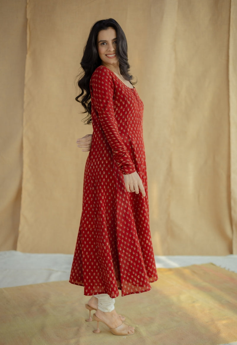 Akrita Red Ajrakh Moss Cotton Kali Kurta