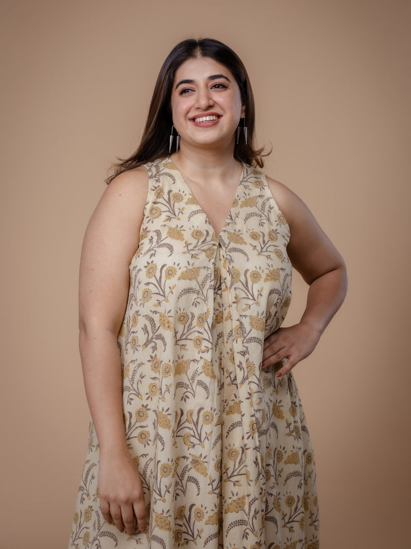 Eira Beige Ajrakh Cotton A Line Dress