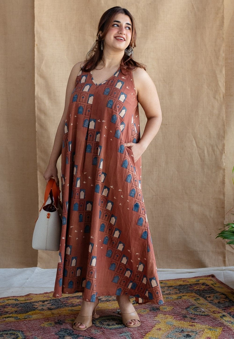 Jaipur Jharoka Brick Red Ajrakh Cotton A Line Dress