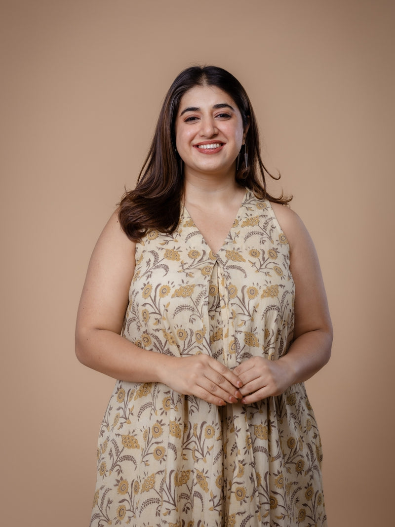 Eira Beige Ajrakh Cotton A Line Dress