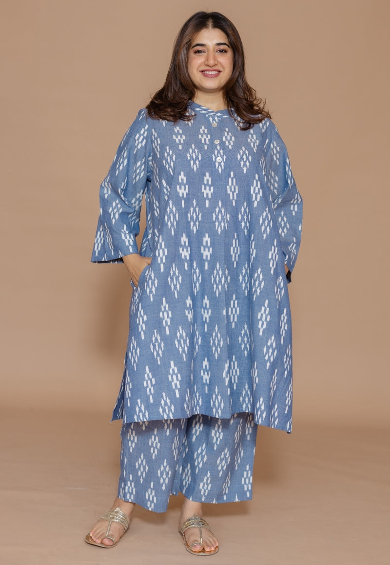 Ayaat Blue Handloom Ikkat Cotton Straight Kurta