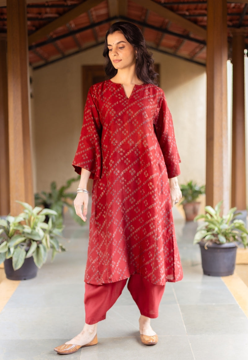 Ayra Madder Ajrakh Chanderi Silk Jhabba Kali Kurta with Hand Embroidery