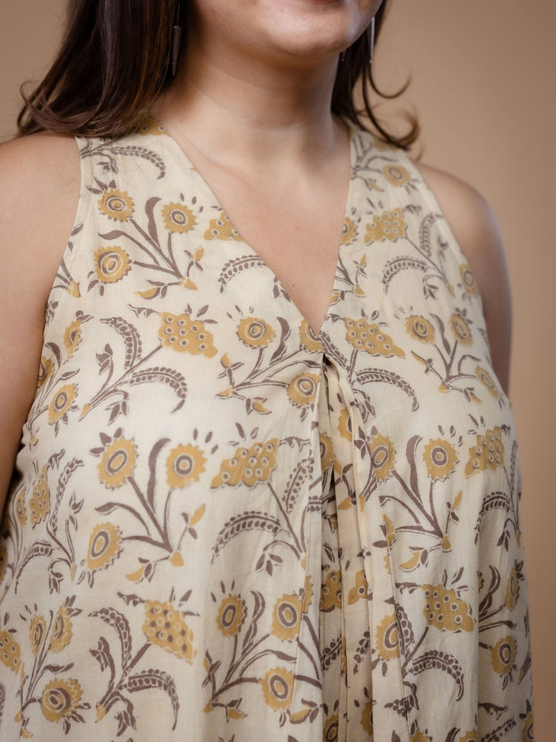 Eira Beige Ajrakh Cotton A Line Dress